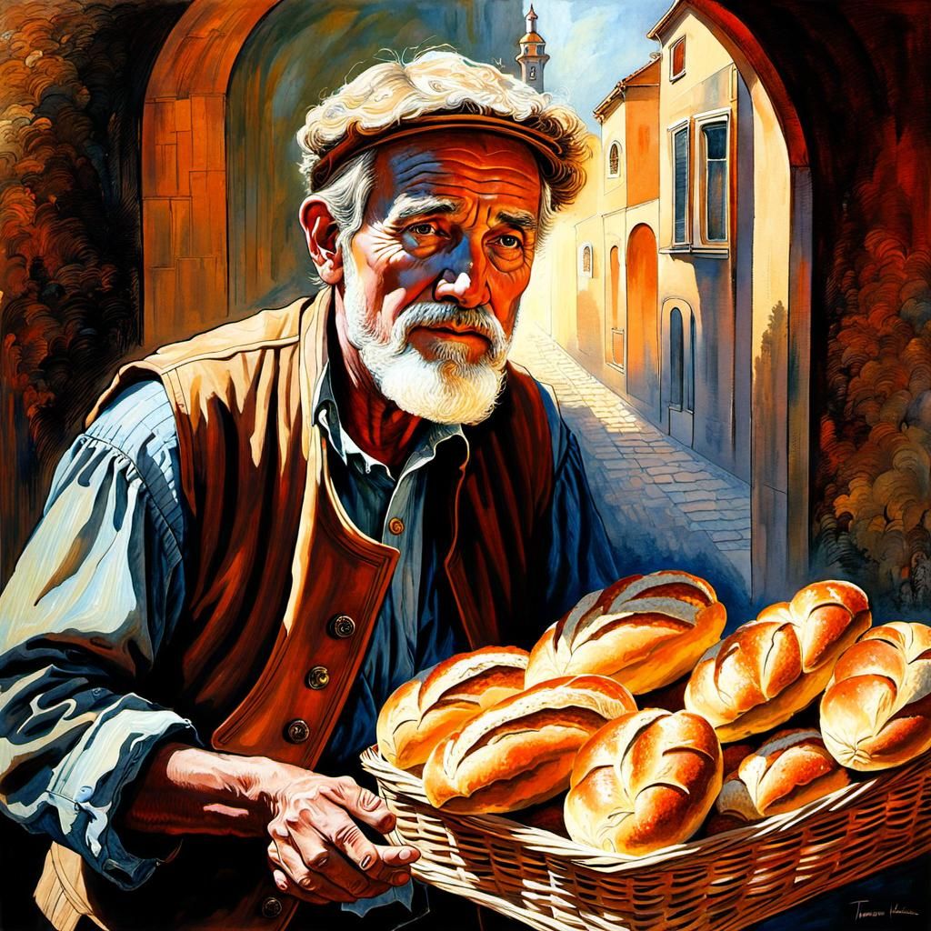 Injured Man Selling Bread in Radiant Light