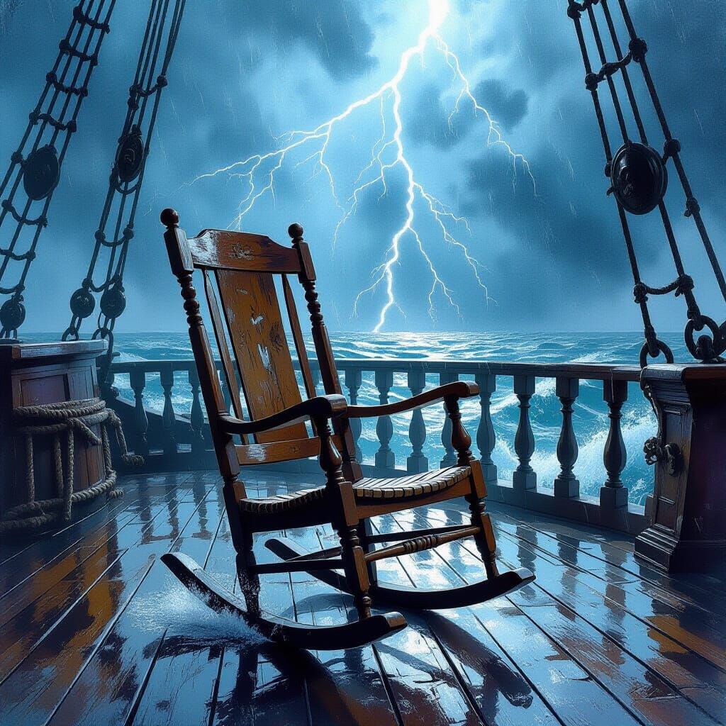 Rocking Chair on Stormy Pirate Ship Deck as Watercolor
