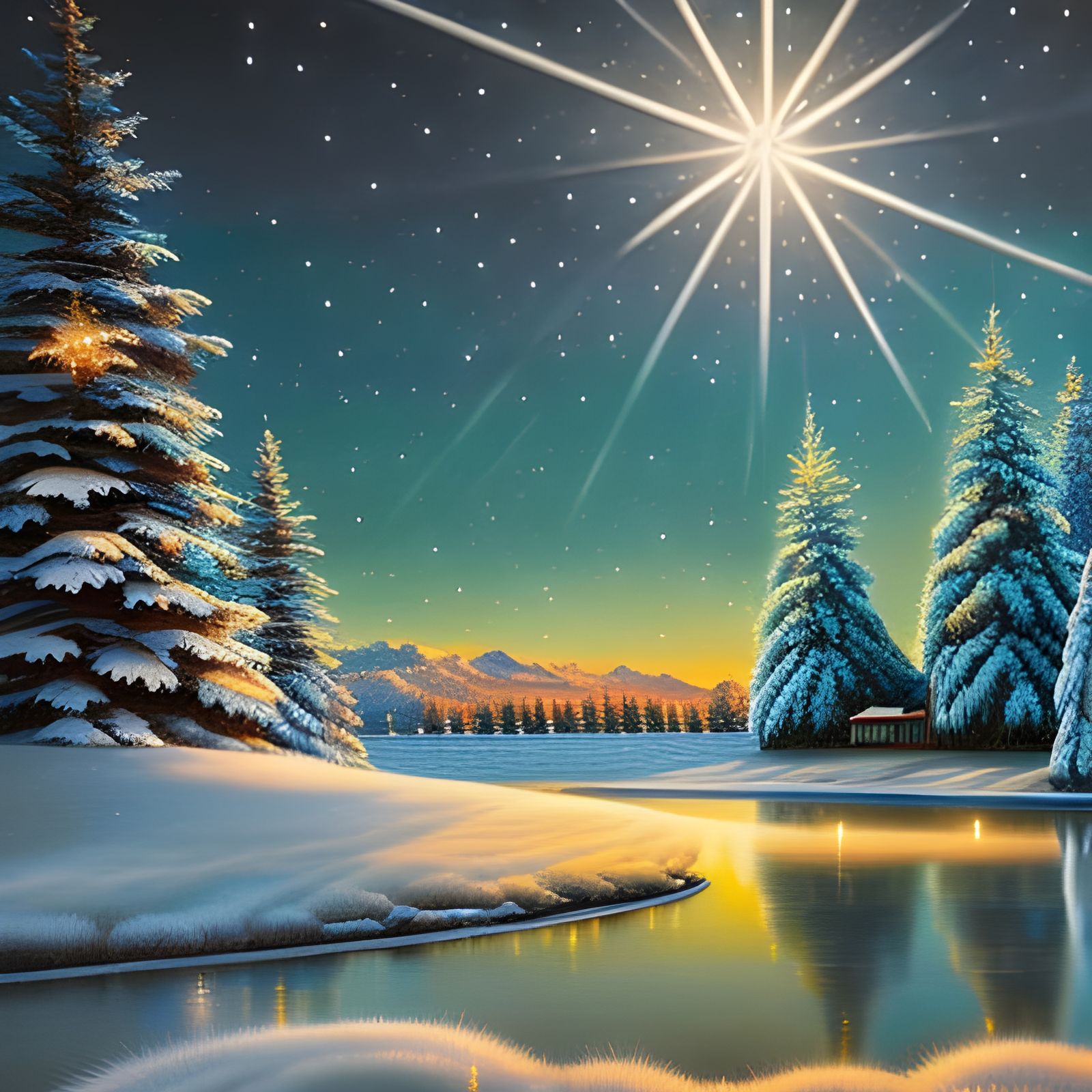 Vintage Christmas Star Illuminates Snowy Night Landscape