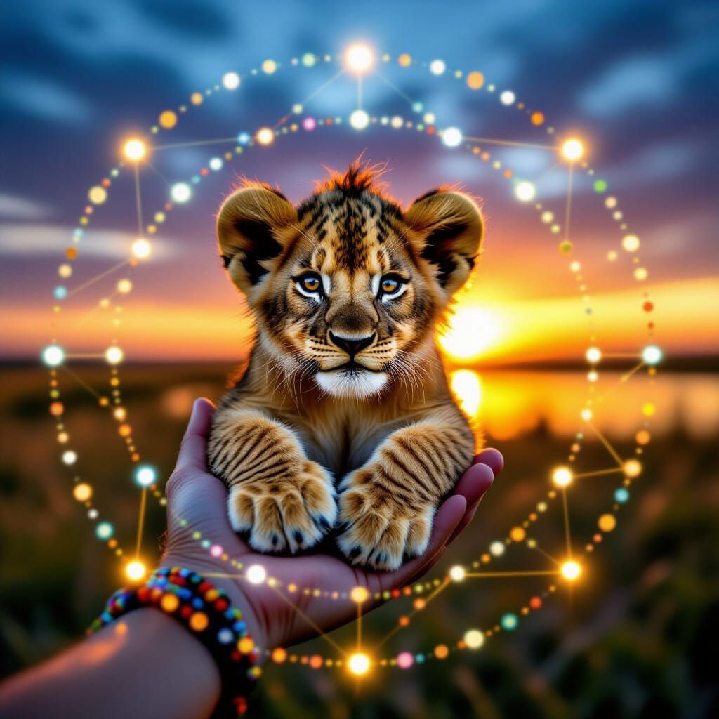 Vibrant Savannah Sunrise with Lion Cub: Detailed Close-Up