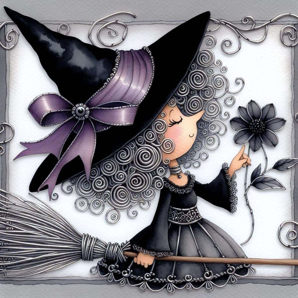 Whimsical Wire Witch Smelling Flower in Watercolor Style
