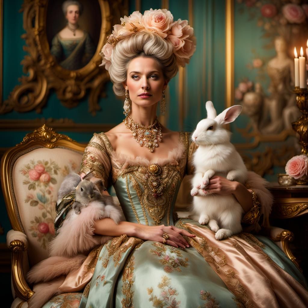 Rococo Revival Portrait of Woman with Rabbit