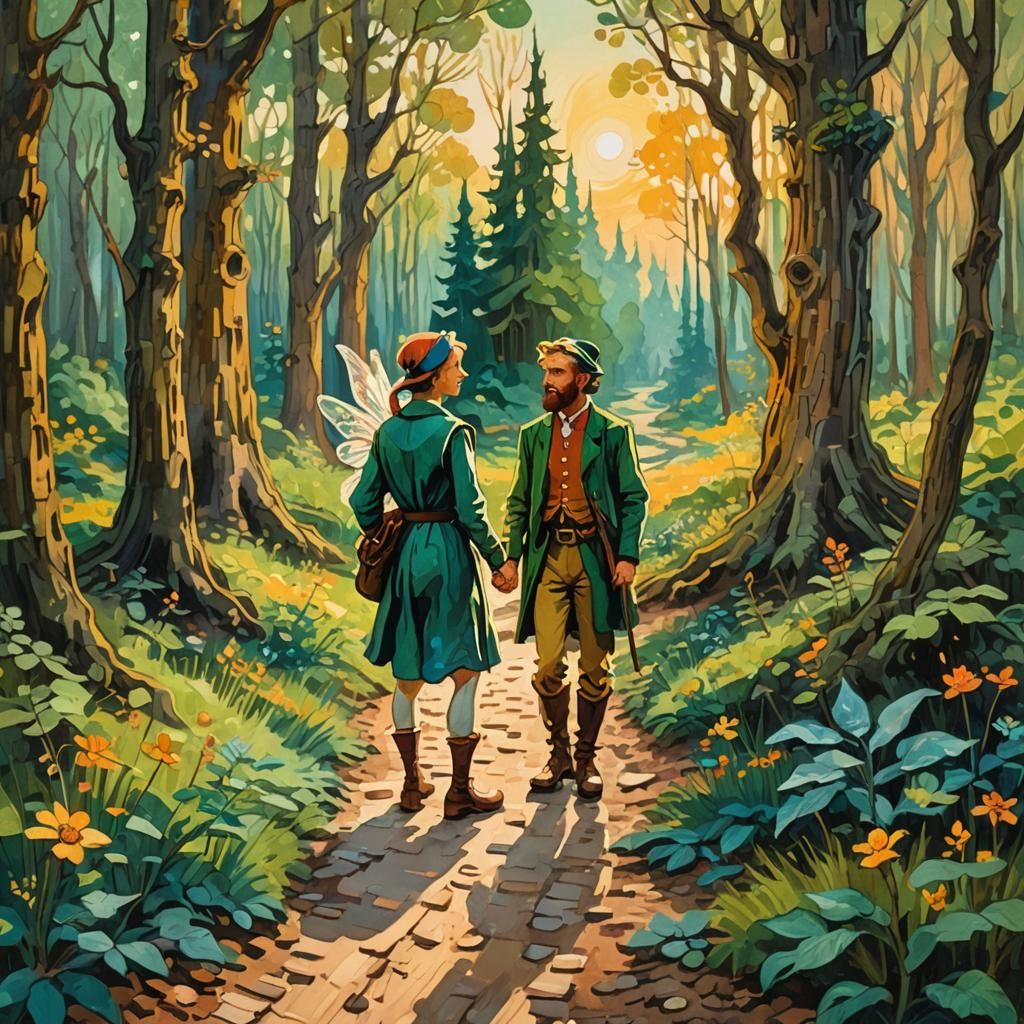 Enchanted Forest Meeting: Fairy and Elf in Gouache