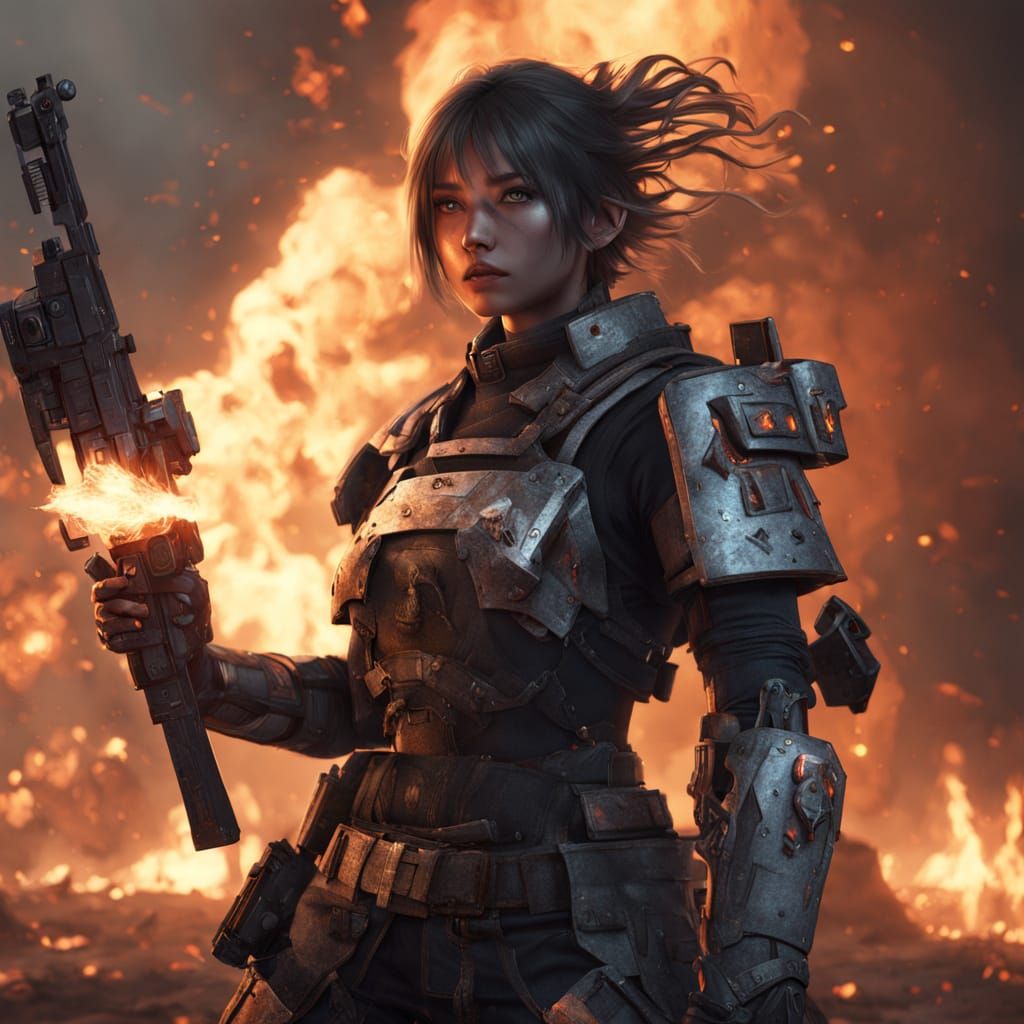 3D Anime War Girl with Magic Force and Fire