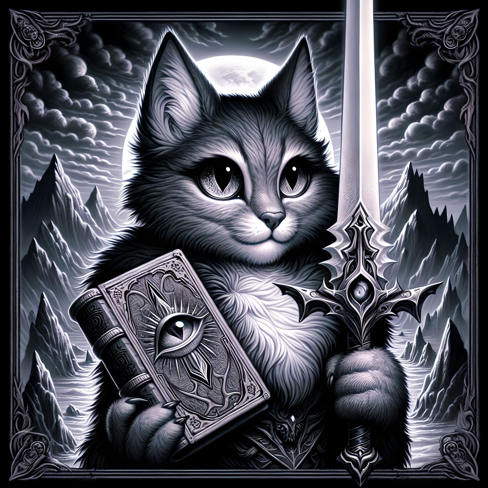Anthropomorphic Cat Warrior in Dark Fantasy Landscape