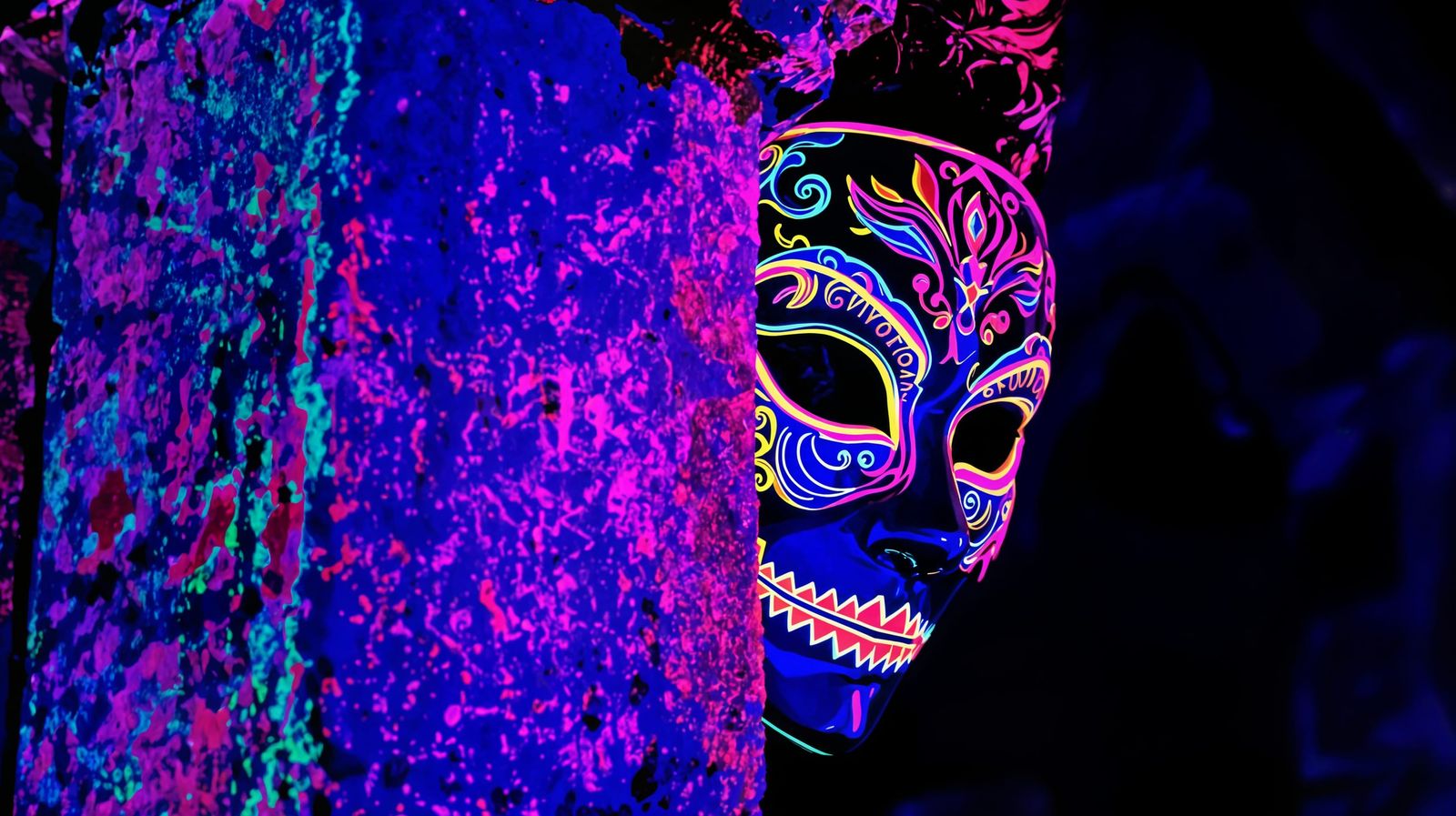 Venetian Mask in Blacklight Poster Style