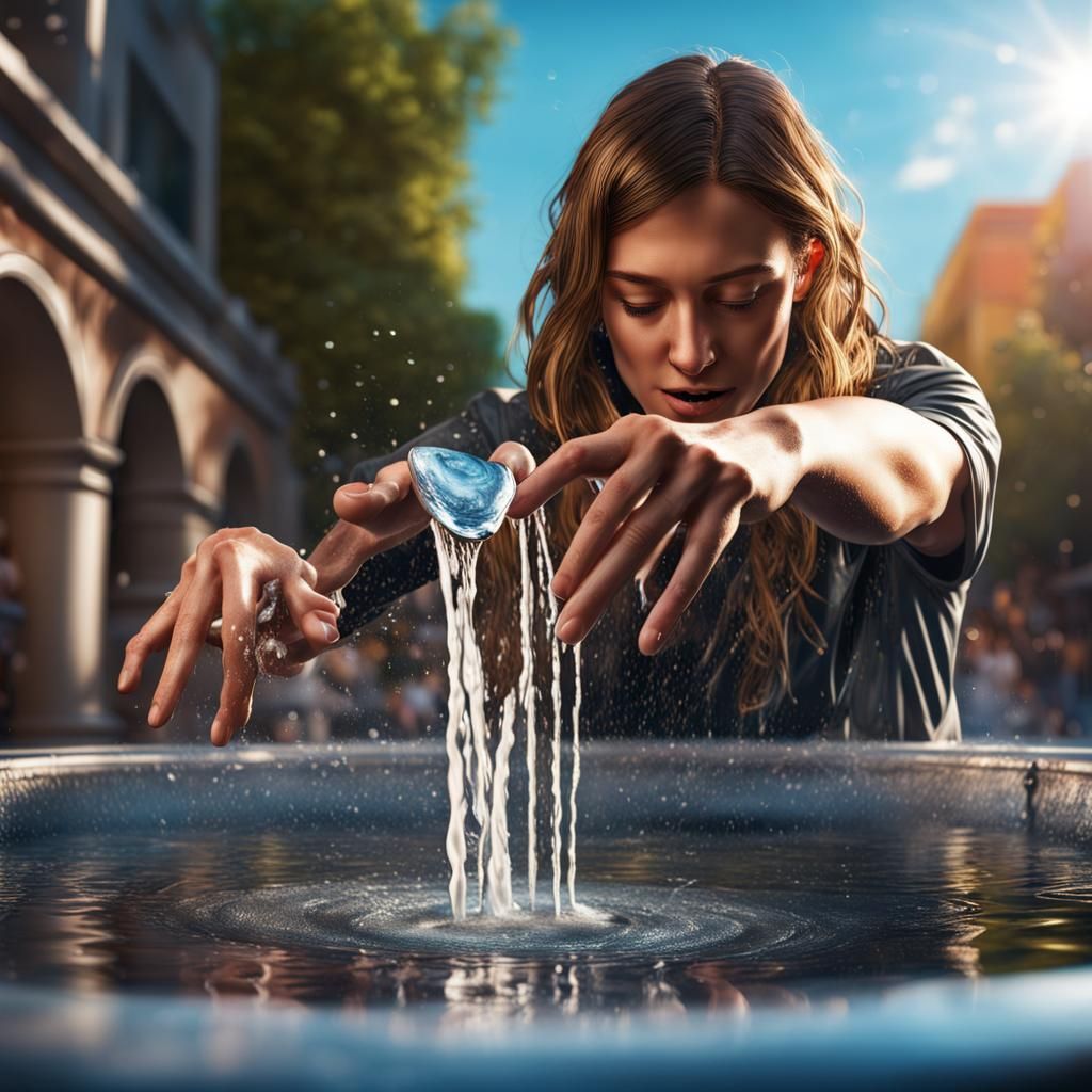 Hyperrealistic Person Tossing Coin Into Fountain
