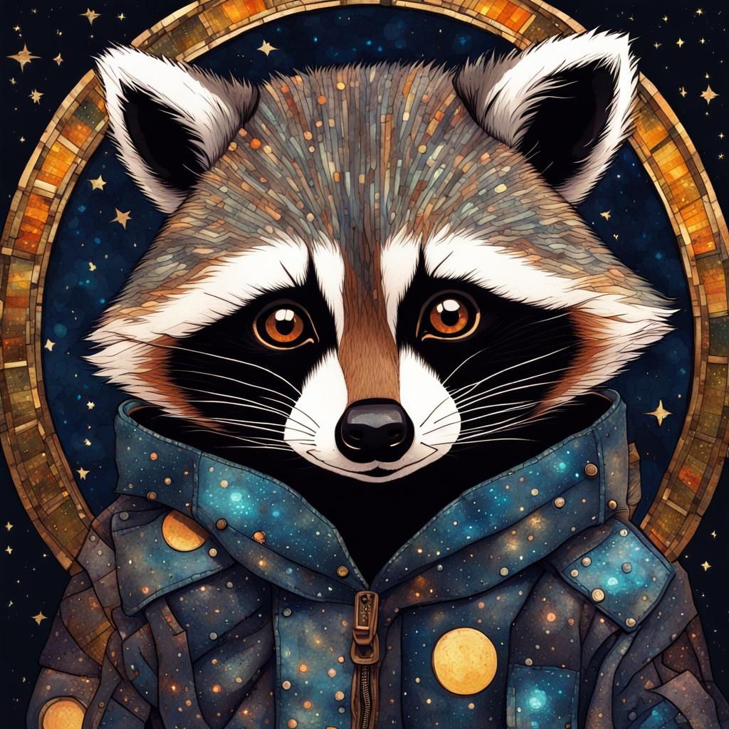 an adorable raccoon dressed in a patched coat, dark starry night, gorgeous detailed eyes, stained glass, fantasy illustr...