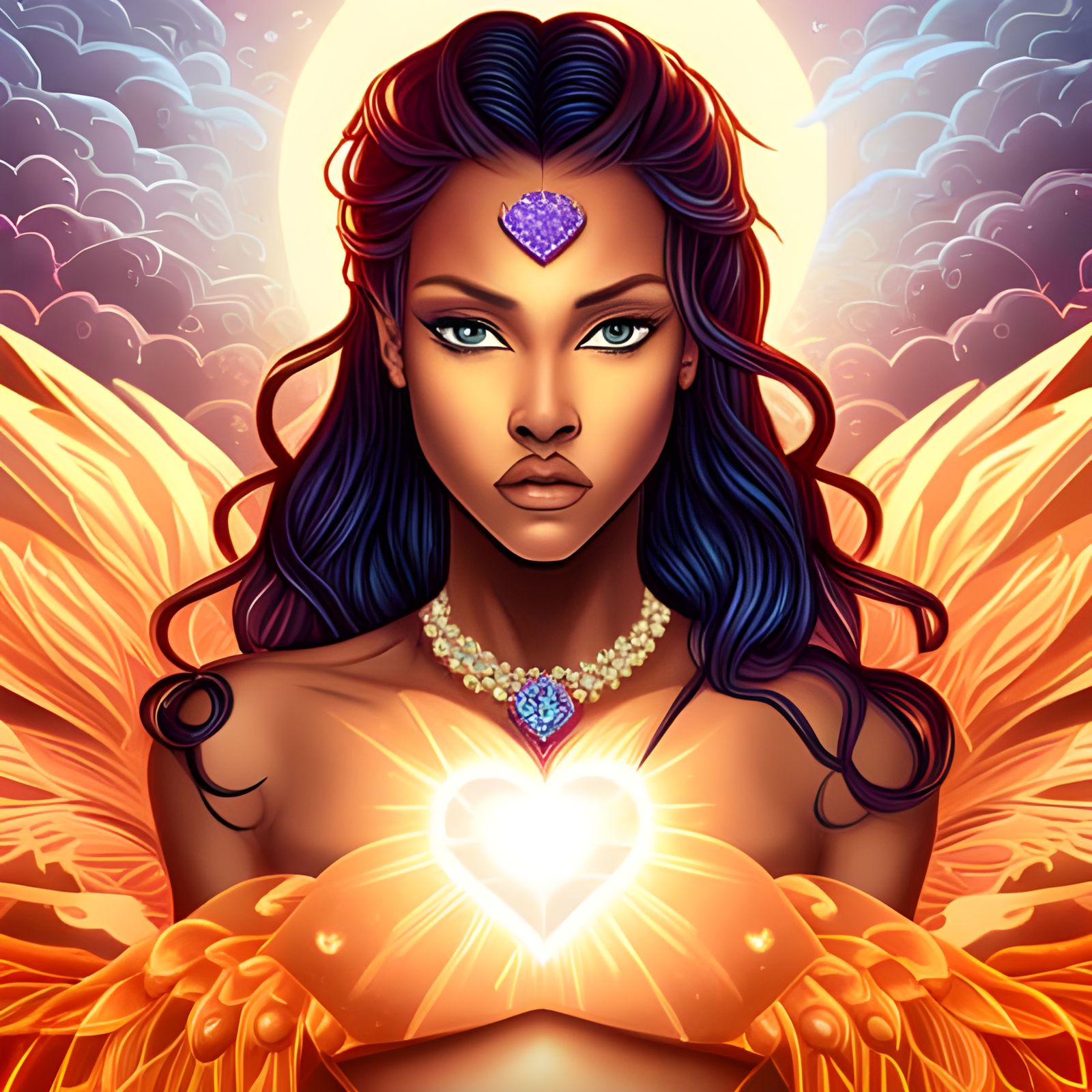 Angelic Harajuku Art Deco Portrait with Fire Wings