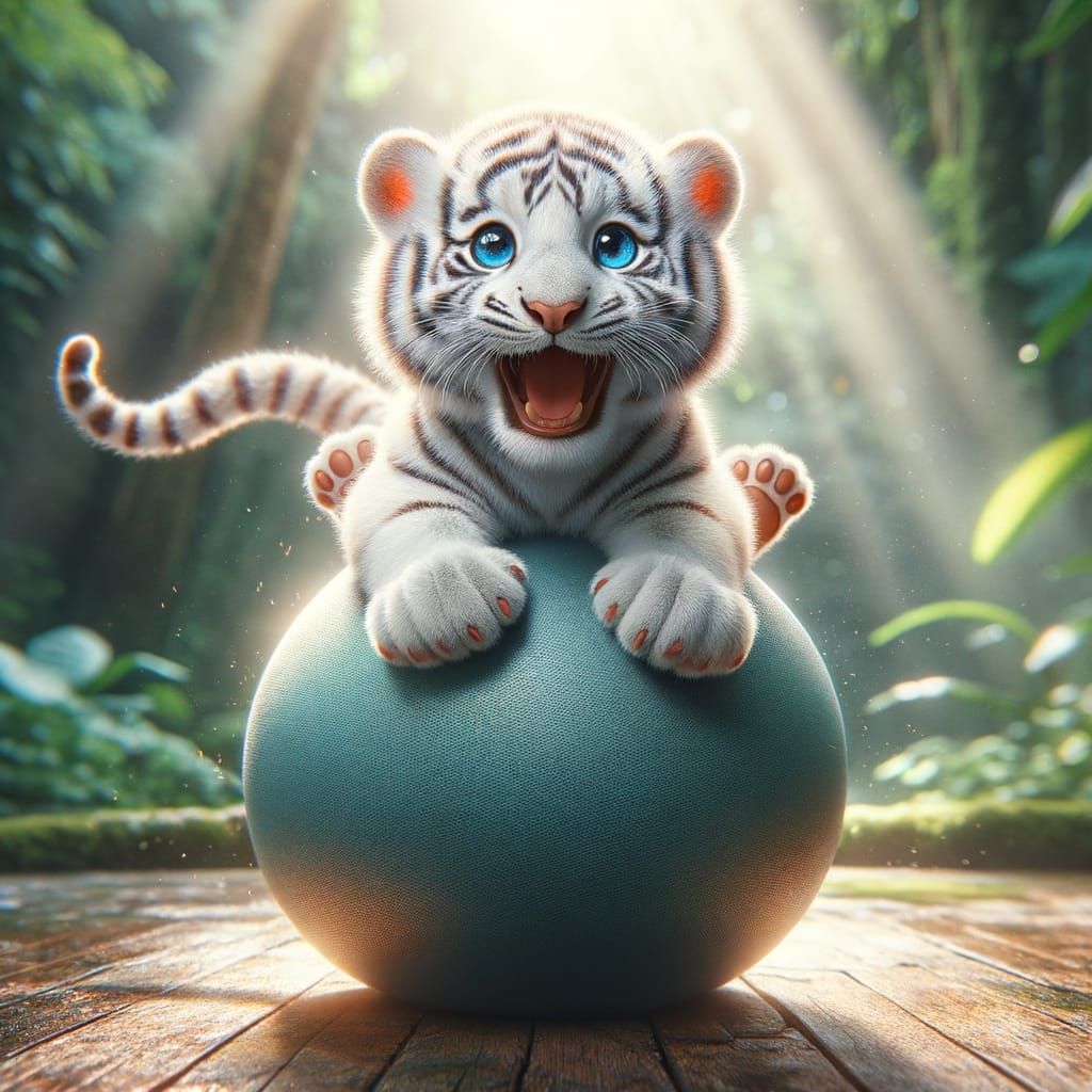 Fierce White Tiger Cub Bounces in Zen Oasis