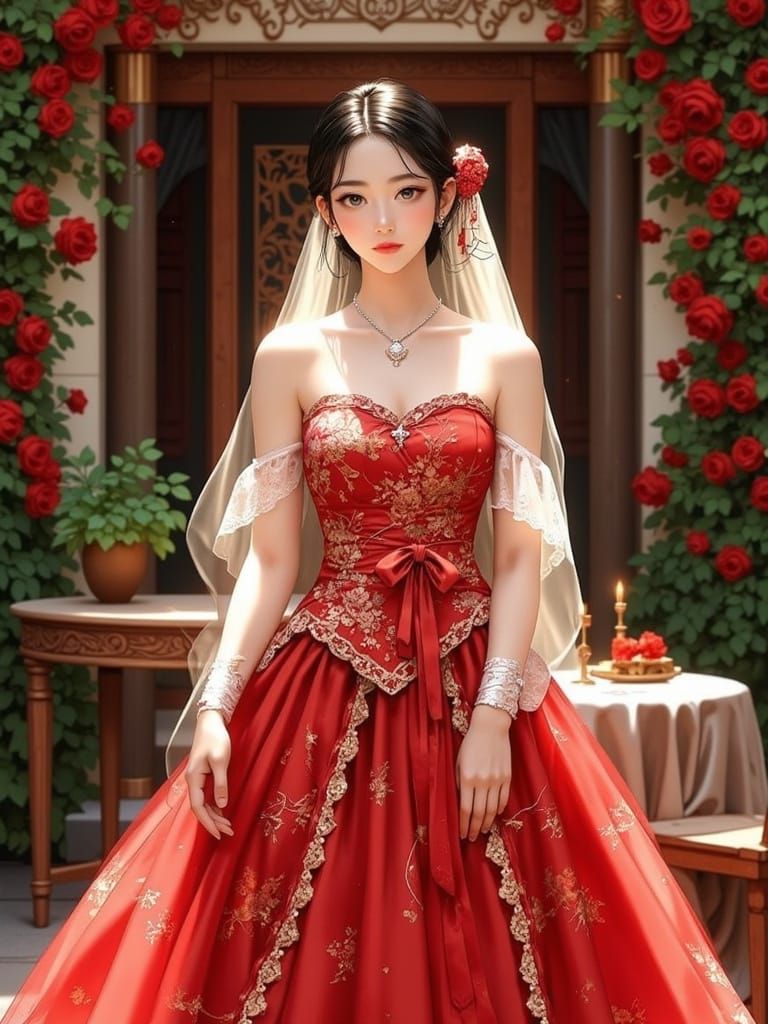 Woman in Red Wedding Dress, Korean Manhwa Style