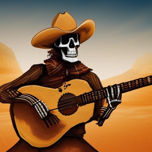 Skeleton Cowboy Serenade in Hyperrealistic Desert Art