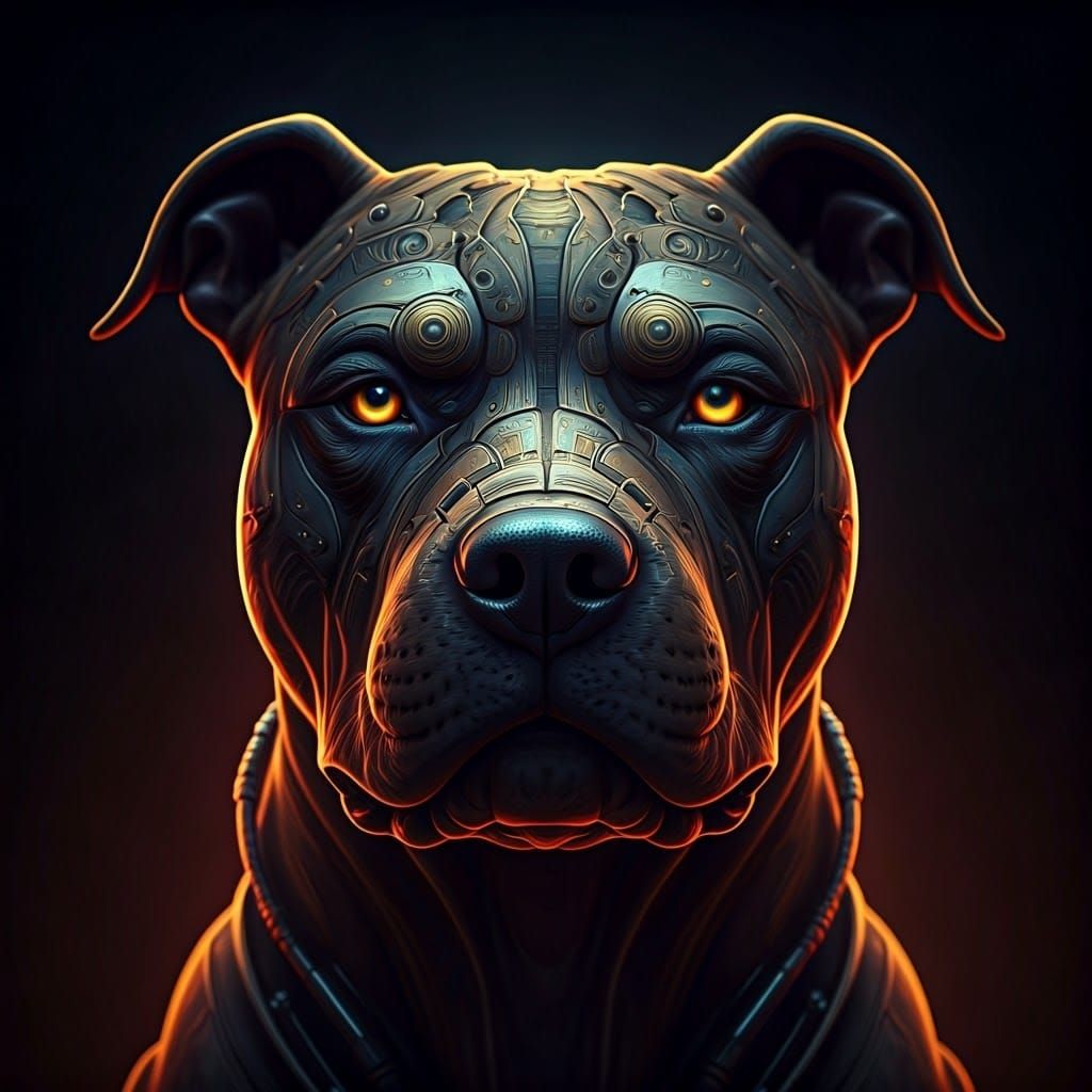 Cybernetic Pit Bull Face in Dark Fantasy Style