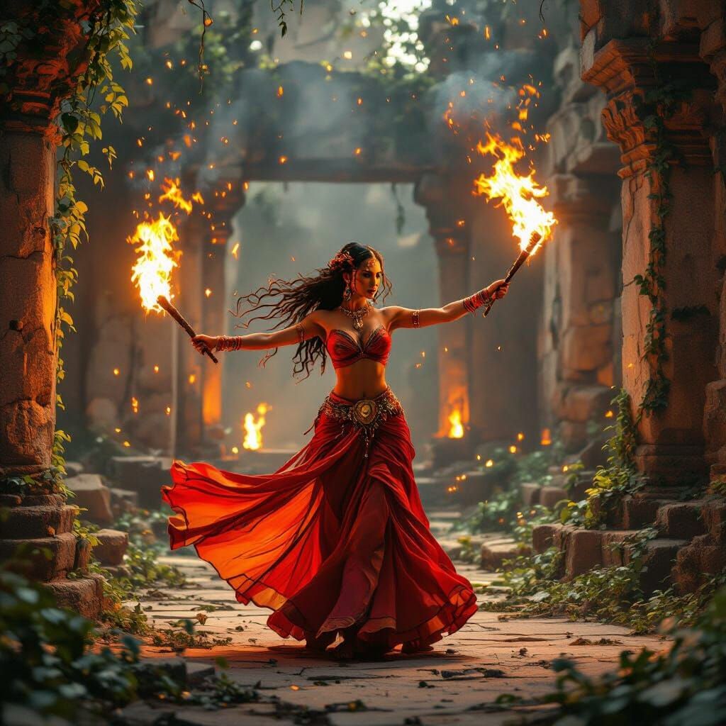 Fire Dancer in Ancient Temple, Fiery Performance