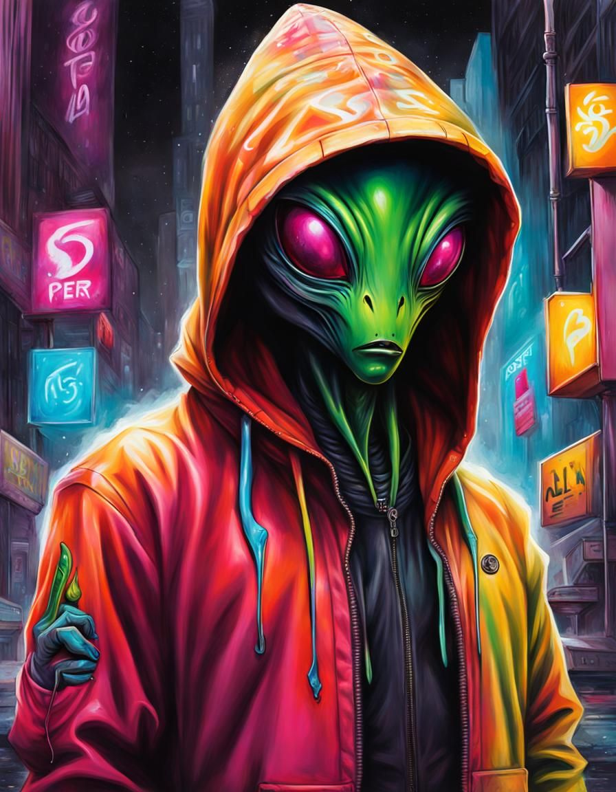 Hooded alien creature graffiti art, splash art, street art, ...