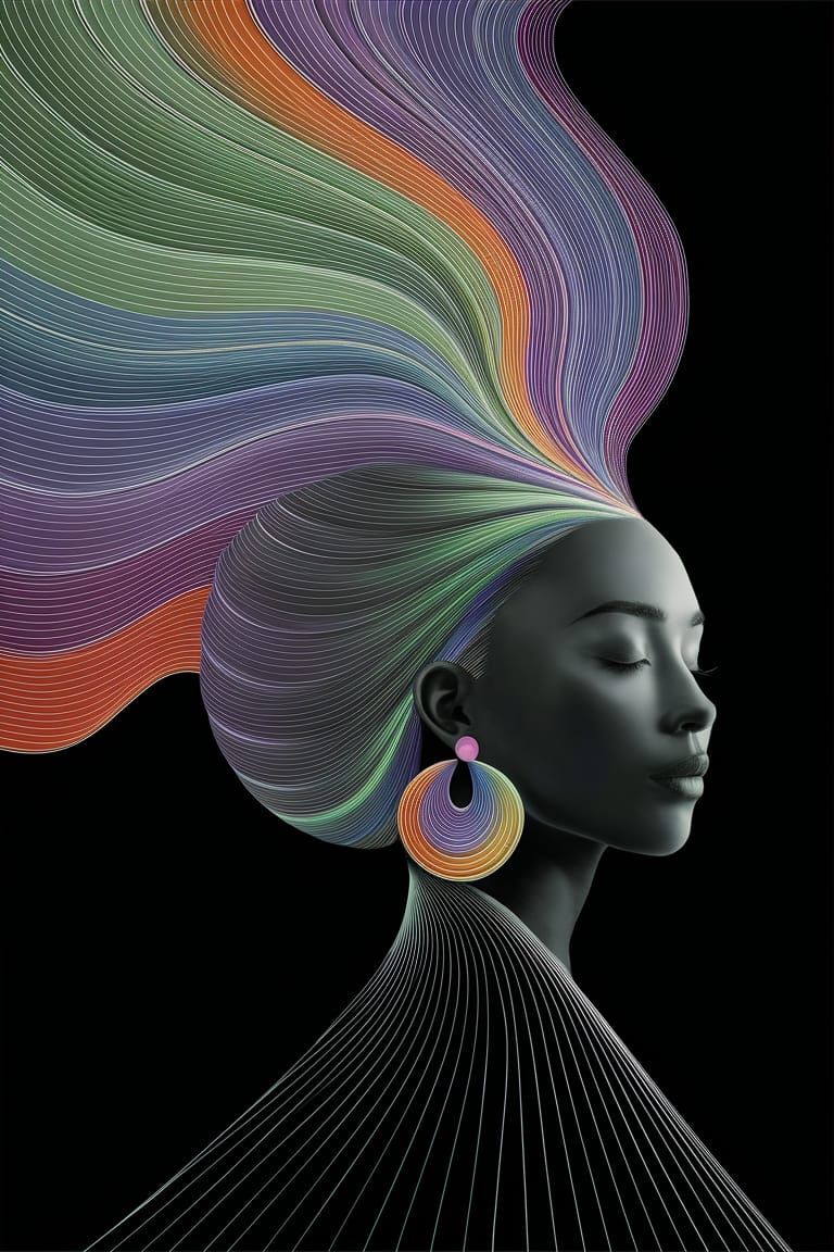 Serene Woman's Profile in Flowing Multicolored Lines