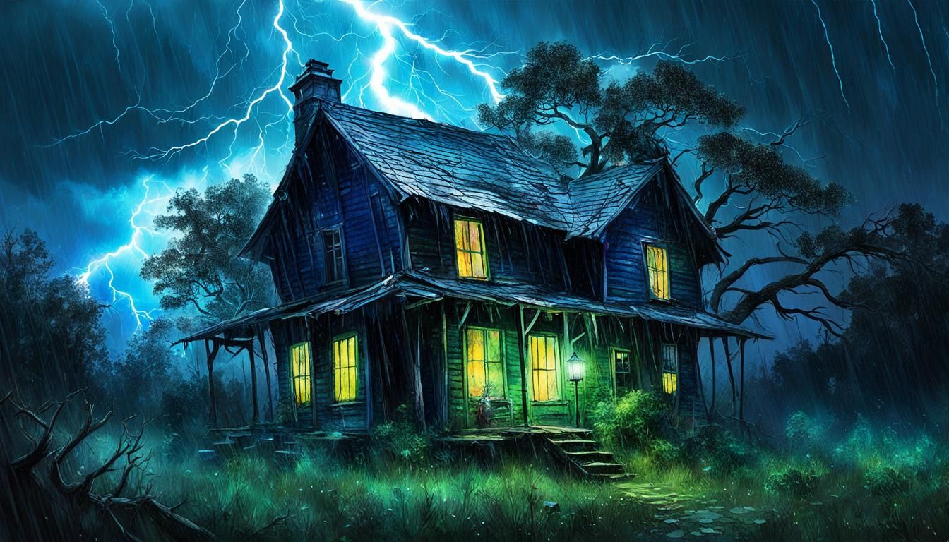 Bioluminescent Cottage During Stormy Night, Digital Masterpi...