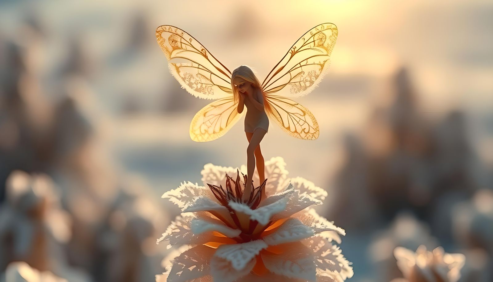 Macro Fairy with Snowflake Wings, Hyperdetailed Art