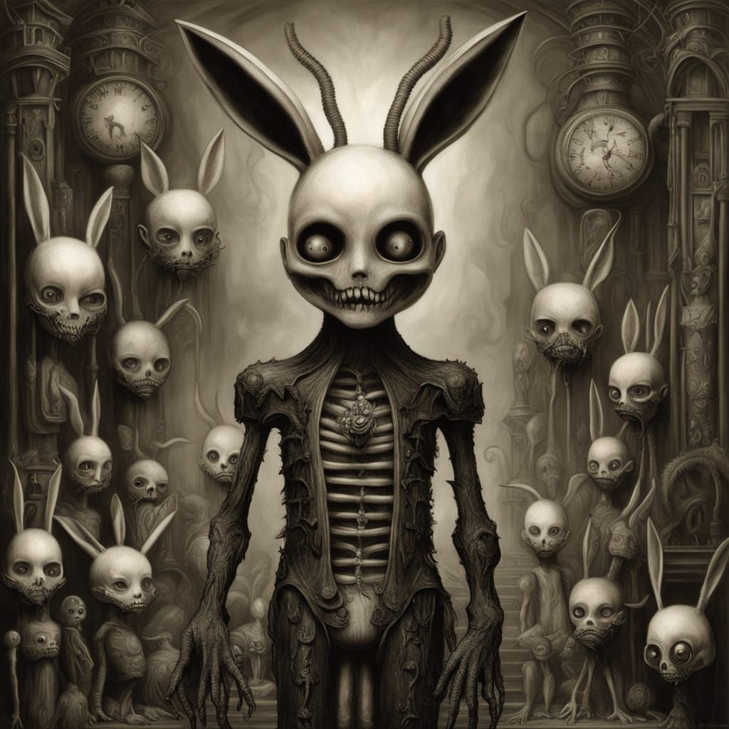 Surreal Gothic Figure in Dimly Lit Environment with Grotesqu...