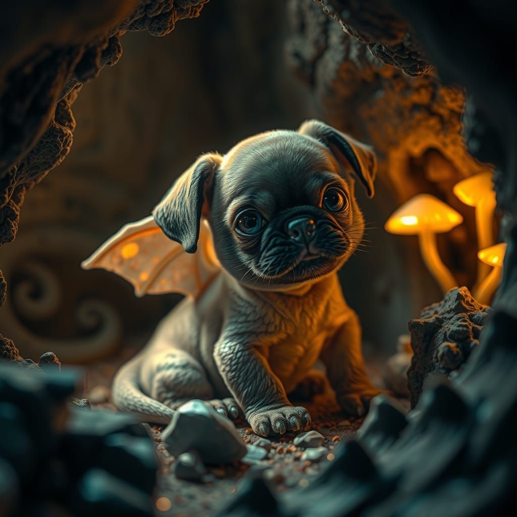 Pug Dragon Puppy in Cavern, Photorealistic 8K