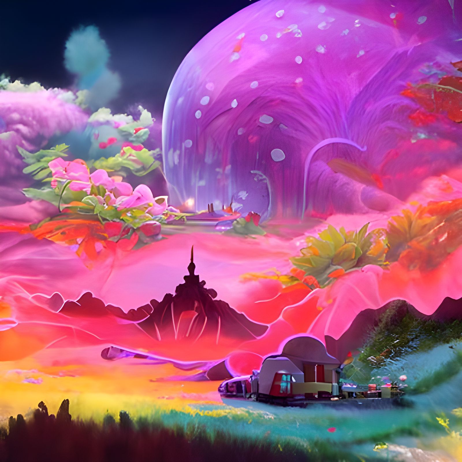 Pink and Cyan Fantasy Landscape in Studio Ghibli Style
