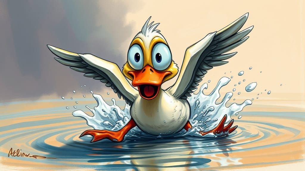 Cartoon Duck Landing in Hyperrealistic Sketch Art Style