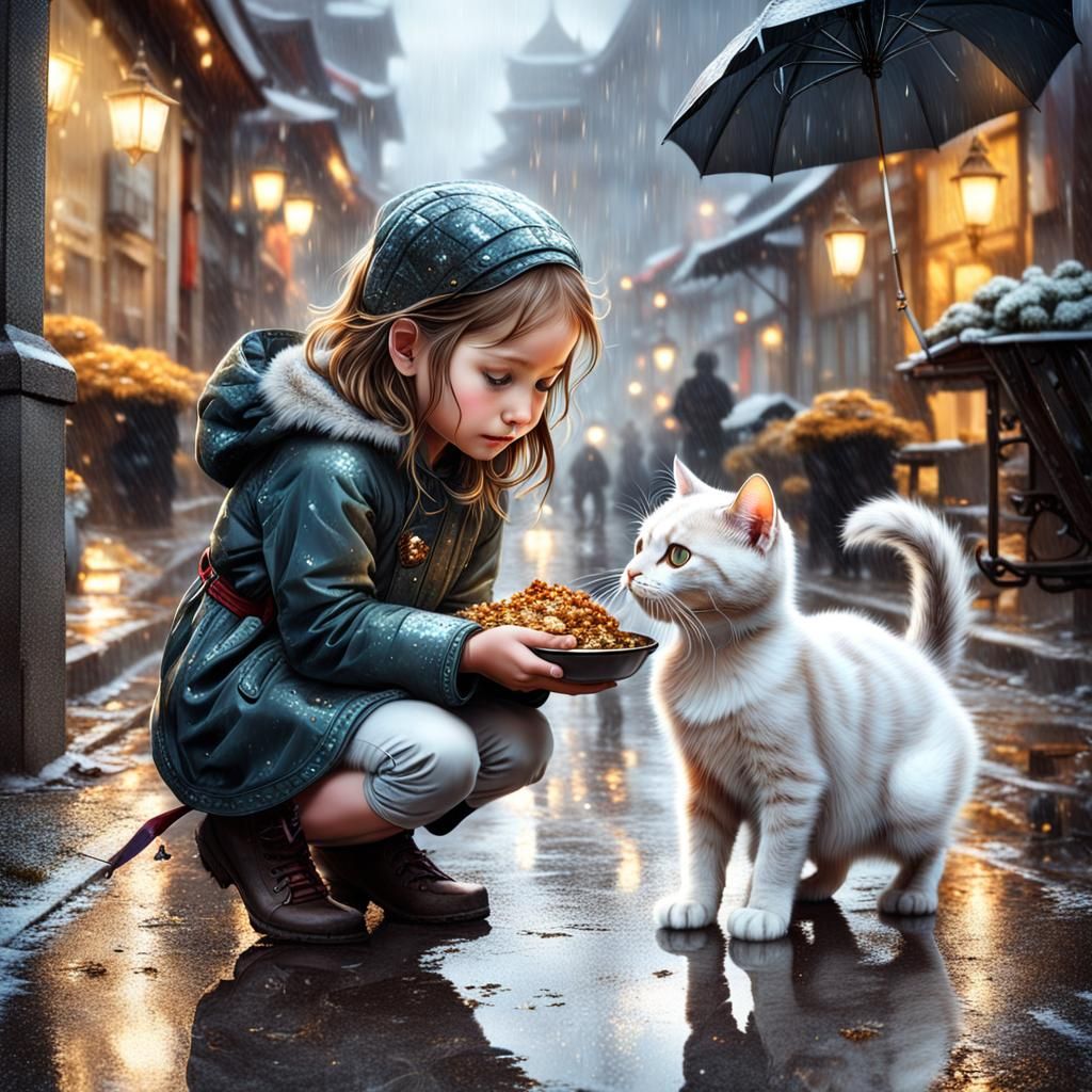 Girl Helps Cat on Rainy Day