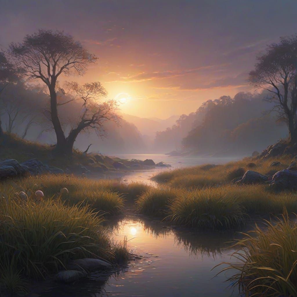 Fantasy Art Scene with Pheasant Nest and Purple River in Tur...