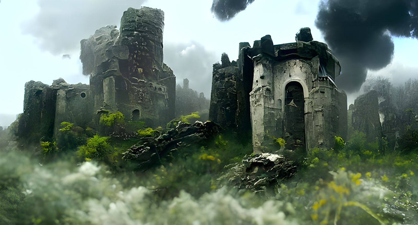 Medieval Castle Ruins in Thunderstorm, Digital Art