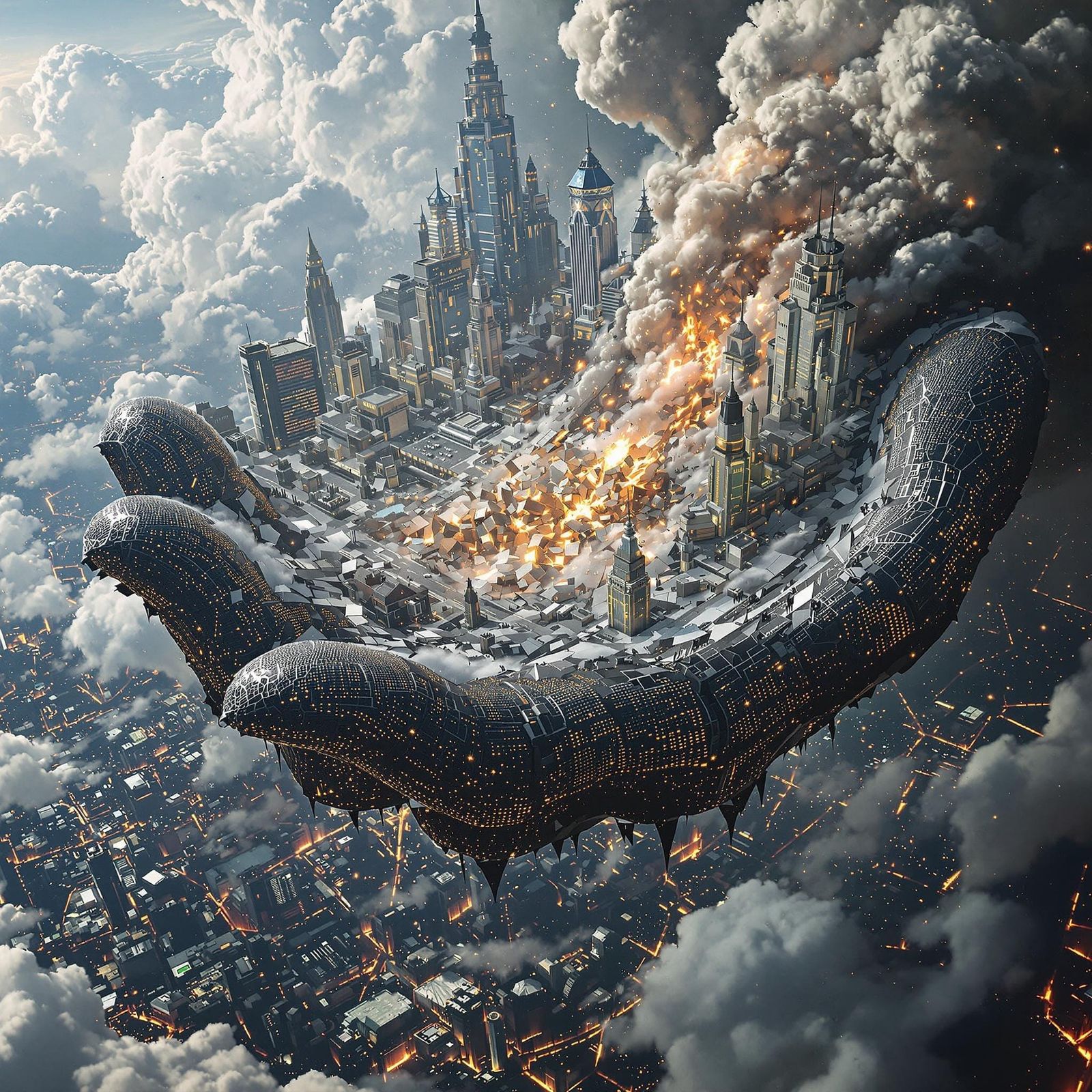 Flying Megapolis Shattered by Digital Entity