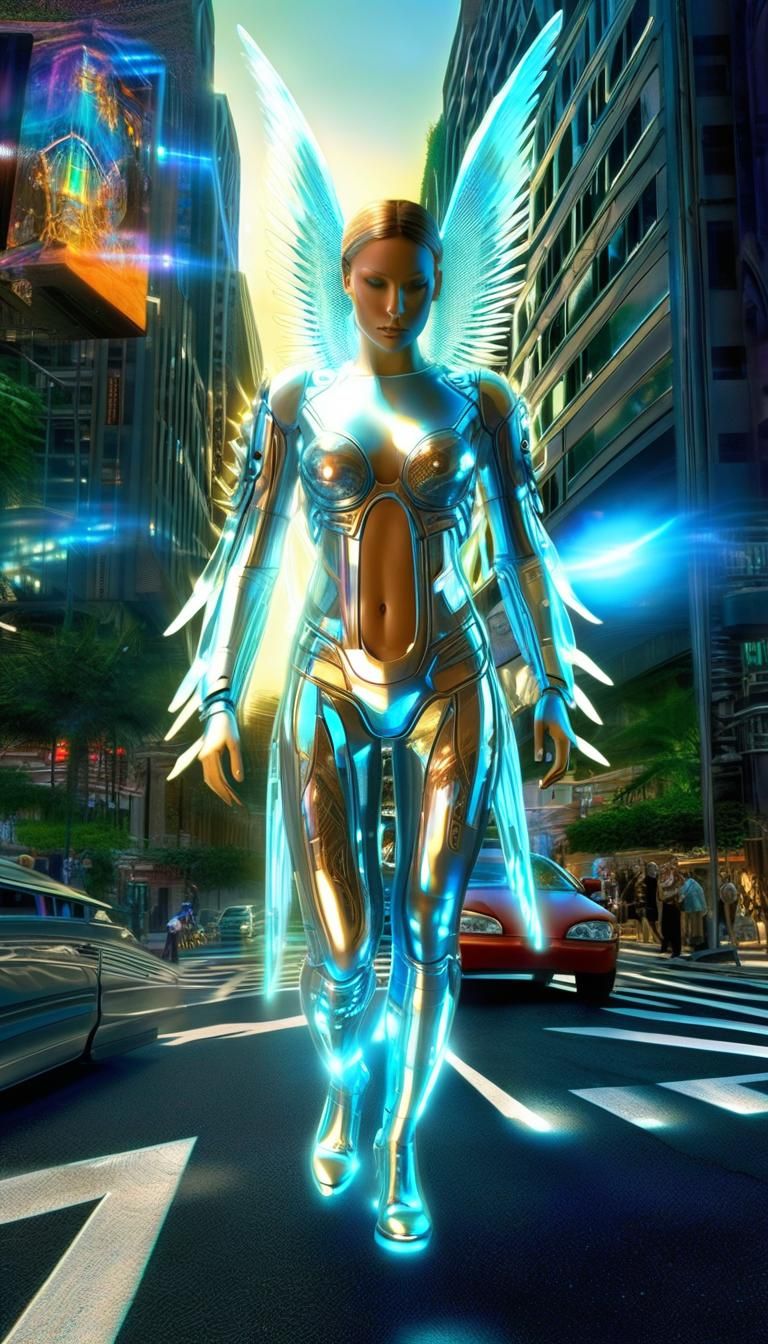 Holographic Cyborg Angel in Urban Cyberpunk Scene