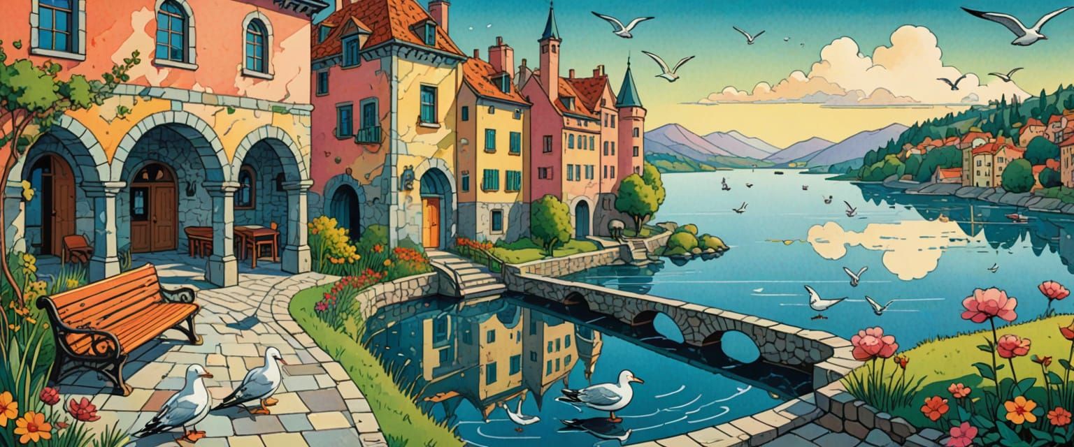Whimsical Lakeside Scene in Naive Folk Art Style