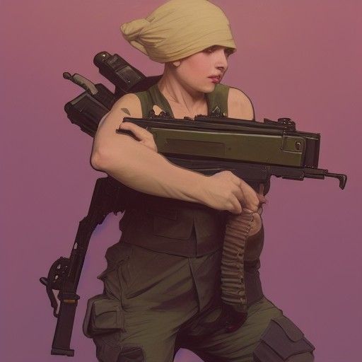 Female Soldier with Machine Gun in Art Nouveau Style