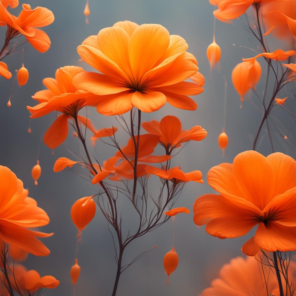 Ethereal Orange Floral Art in Minimal Style