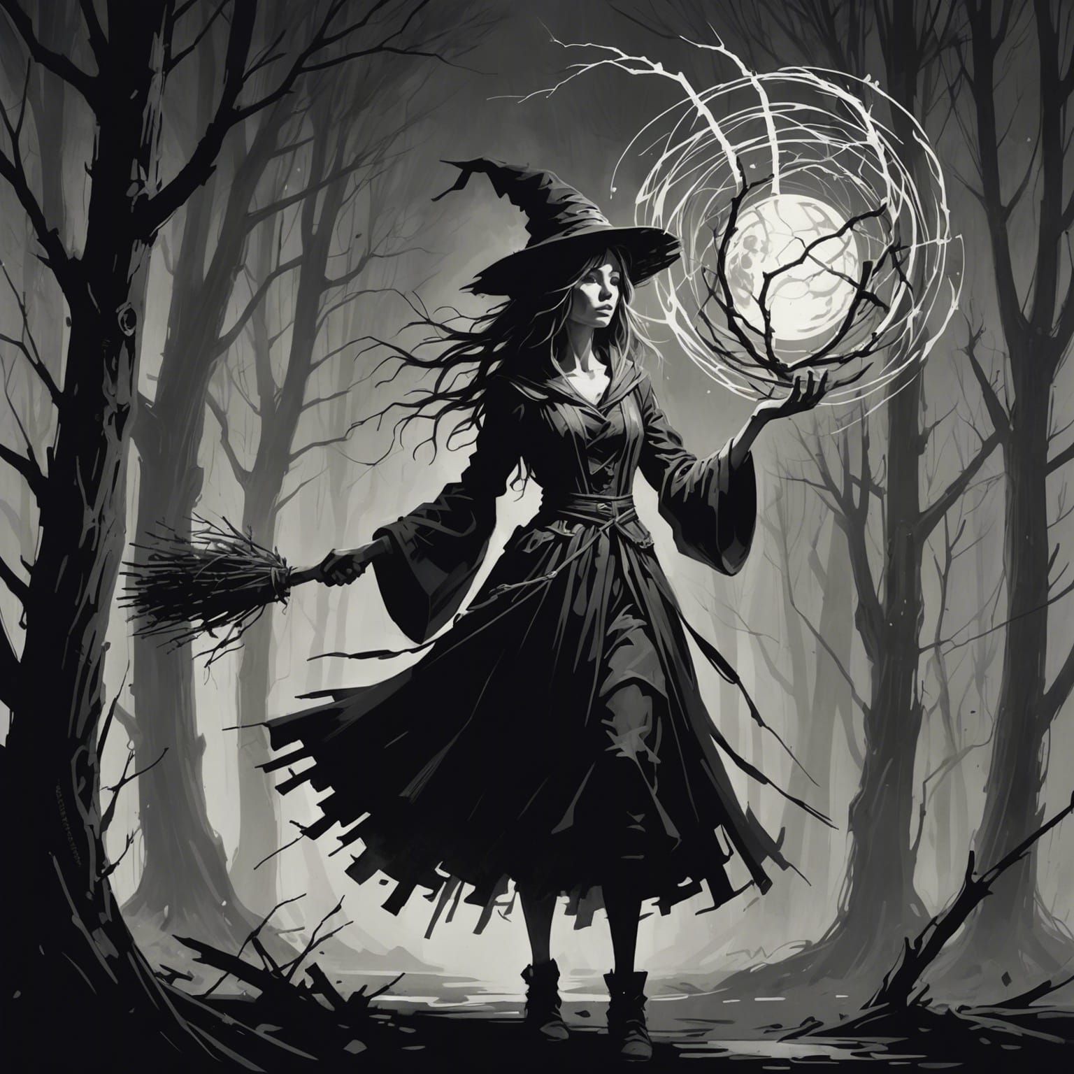 Willow Witch with Cosmic Energy in Retrofuturism Style