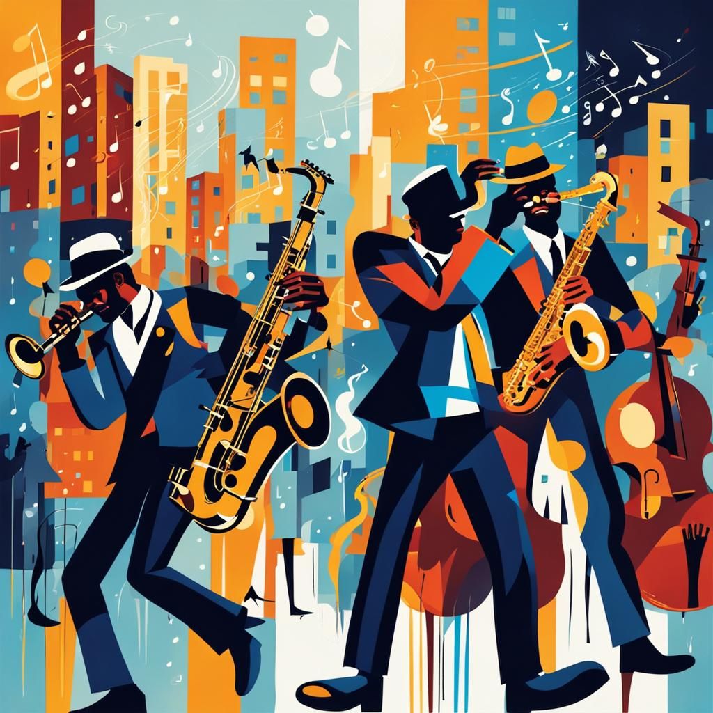 Lively Jazz Musicians in Abstract City Scene