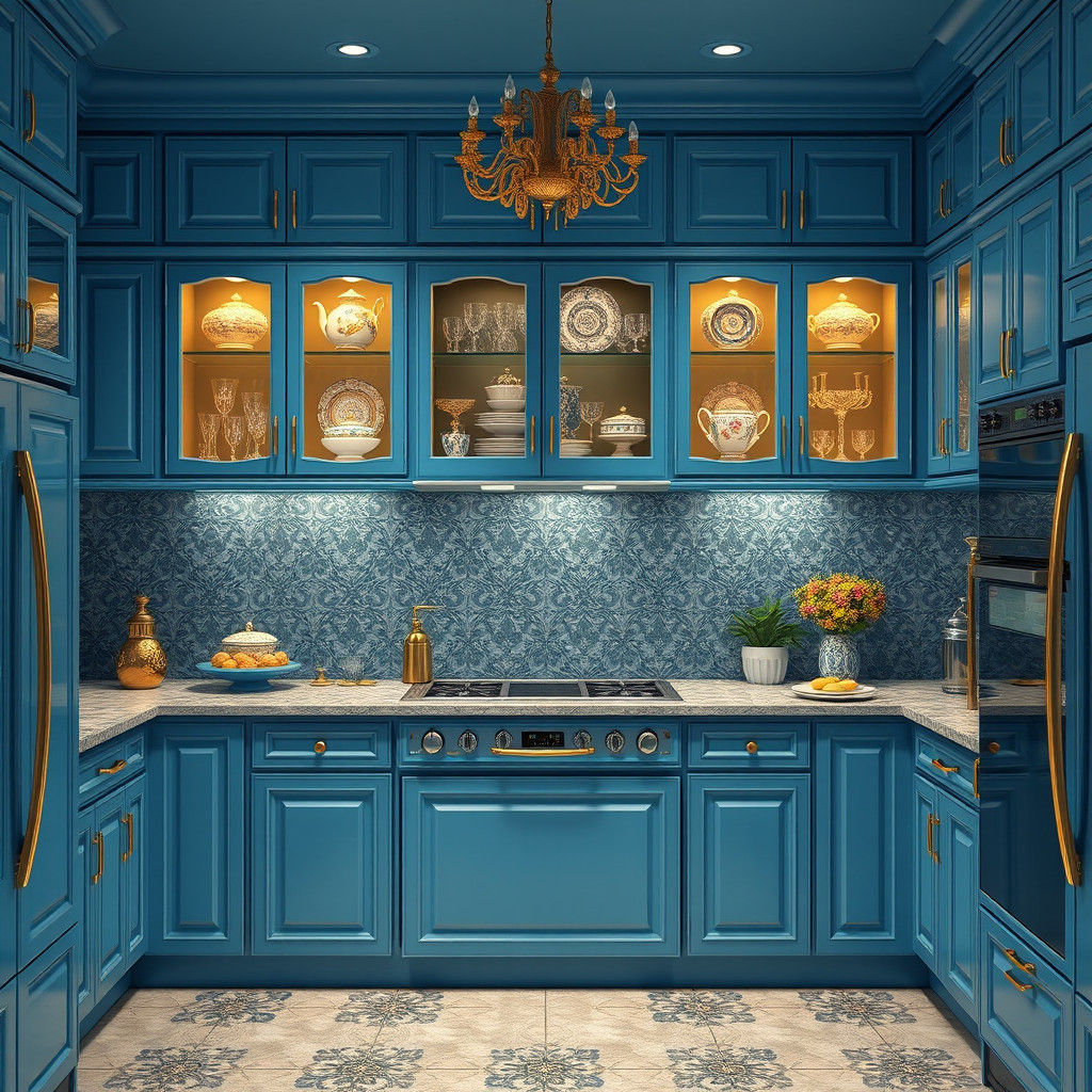 Retro-Futuristic 80s Kitchen in Blue, Matte Painting Style