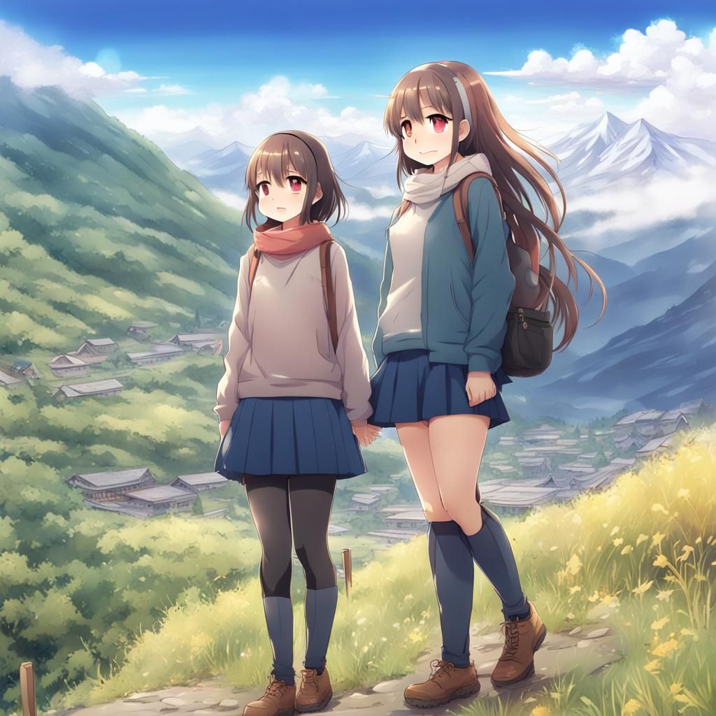 Anime Lesbian Couple in Mountain Landscape
