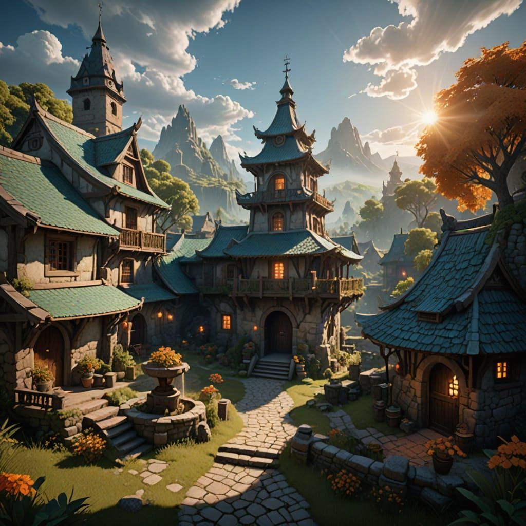 Quaint Village Surrounds Ancient Well in Unreal Engine 5 Sty...