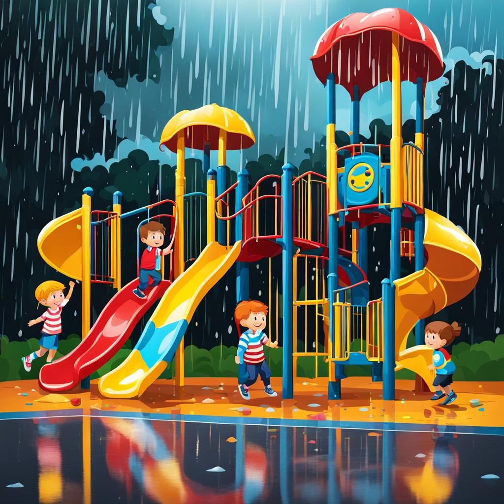 Rainy Playground Scene with Playing Children