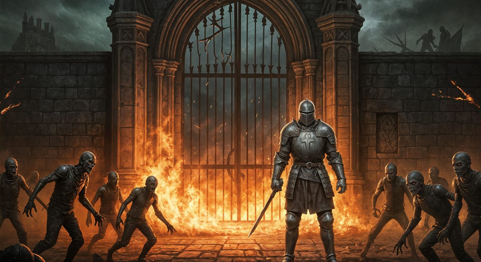 Last Knight Defends Gate From Zombies in Dark Fantasy