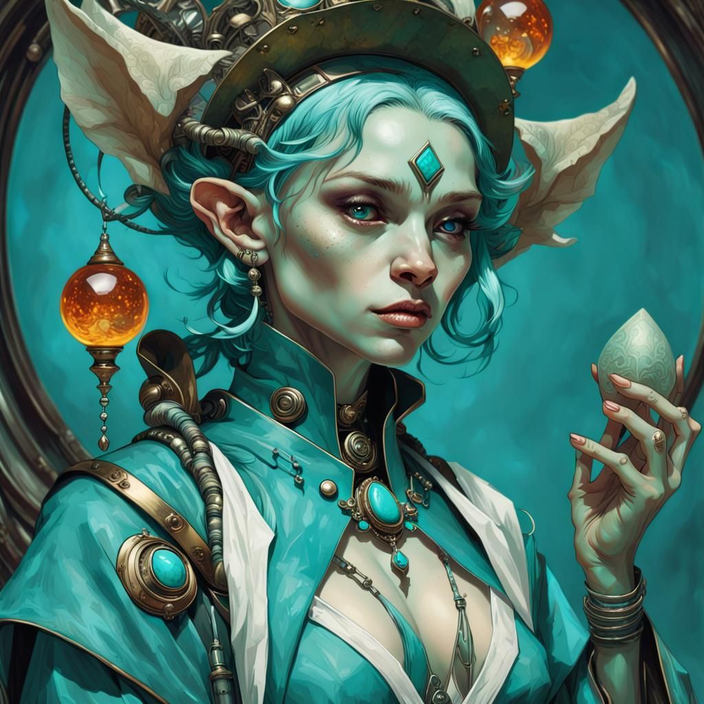 Turquoise Goblin Warlock Portrait in Art Nouveau Style