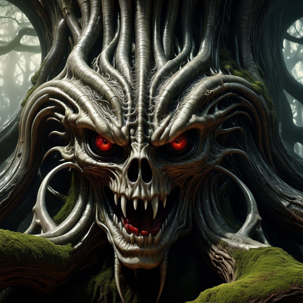 Monstrous Entity Fused with Ancient Oak Tree in Eerie Forest