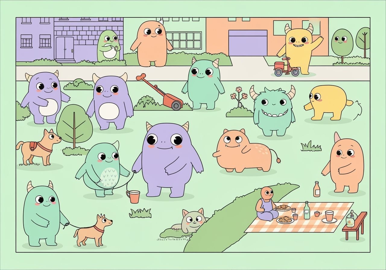 Friendly Monsters Enjoying Suburban Life in 2D Illustration