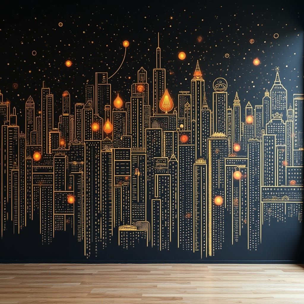 Sleek Modern Cityscape Line Art Mural in Minimalist Style