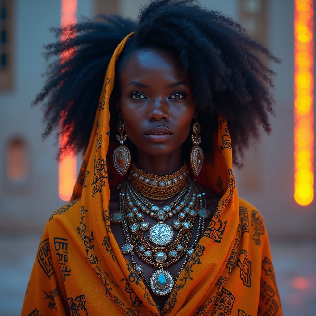 Regal Malian Woman in Vibrant Traditional and Modern Attire