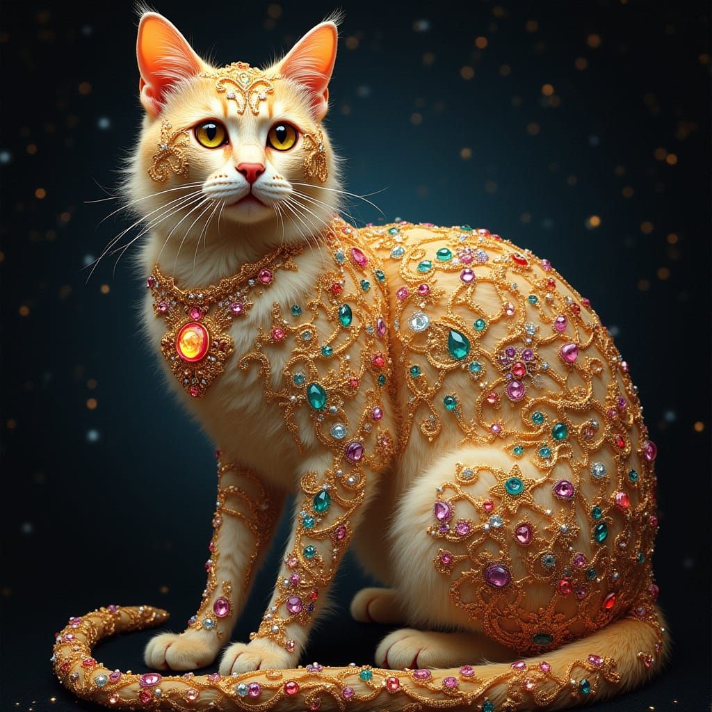 Regal Bejeweled Feline in Art Nouveau Style