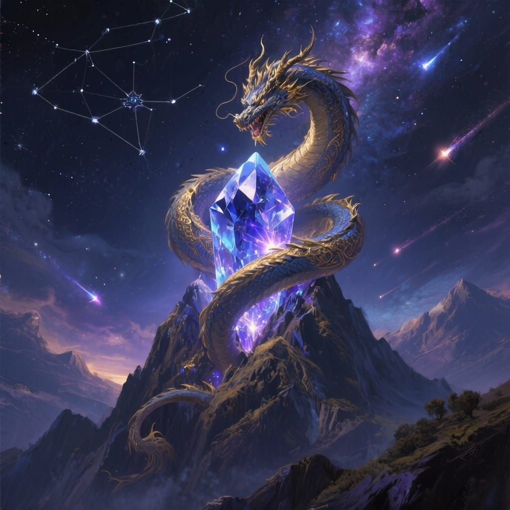 Starlight Dragon Coiled Around Crystal Peak