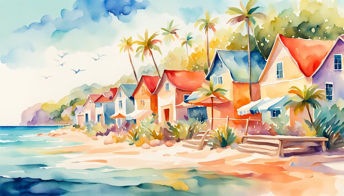 Quaint Beach Village in Watercolor Painting