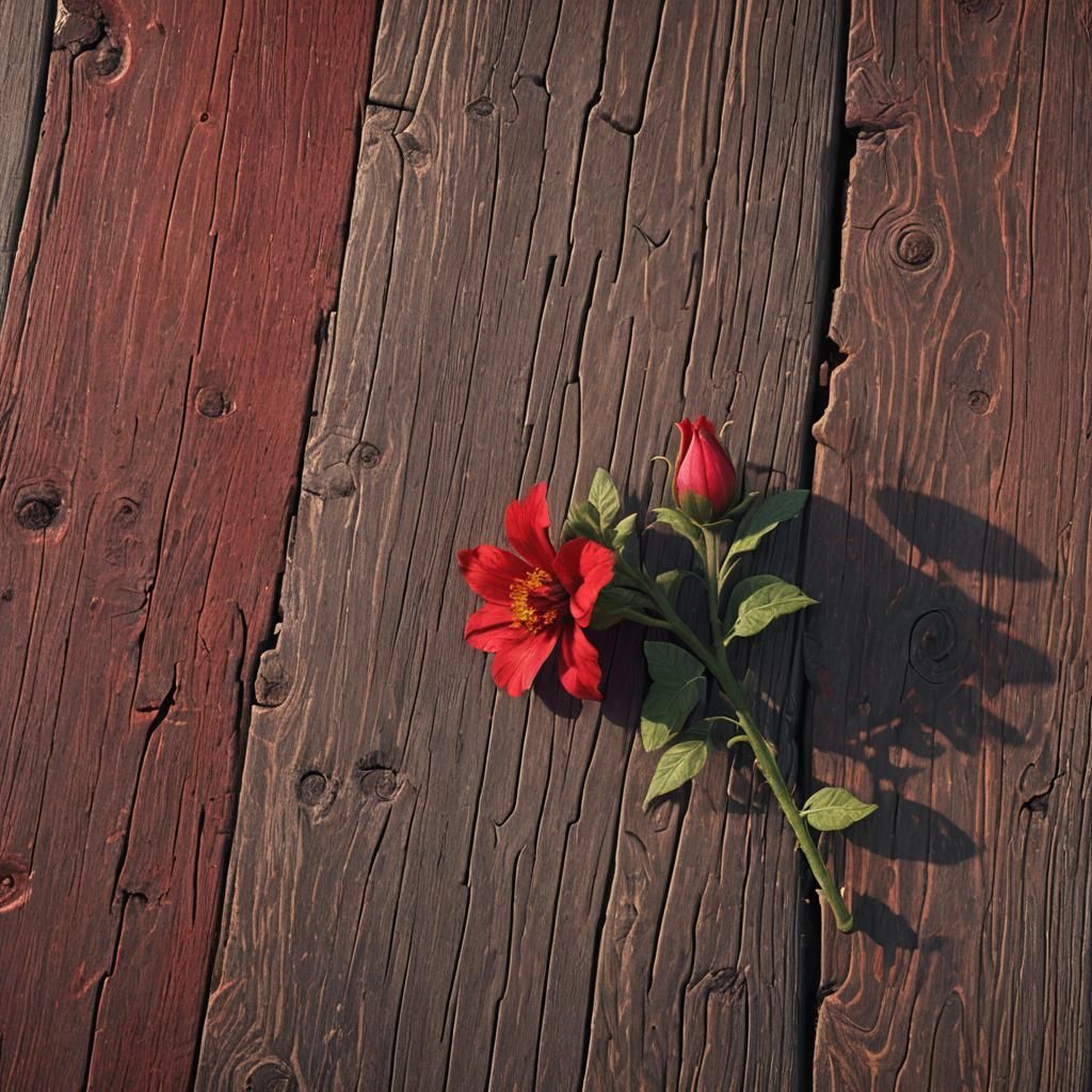 Crimson Flower on Weathered Wood in Digital Painting
